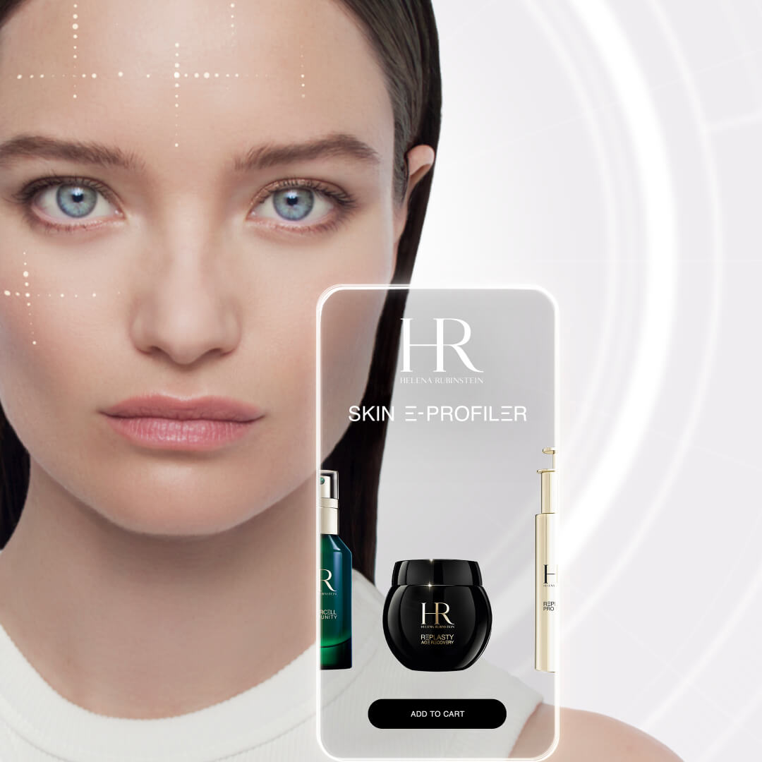 A close-up of a woman with clear skin, showcasing the Helena Rubinstein Skin Profiler product line on a digital display.